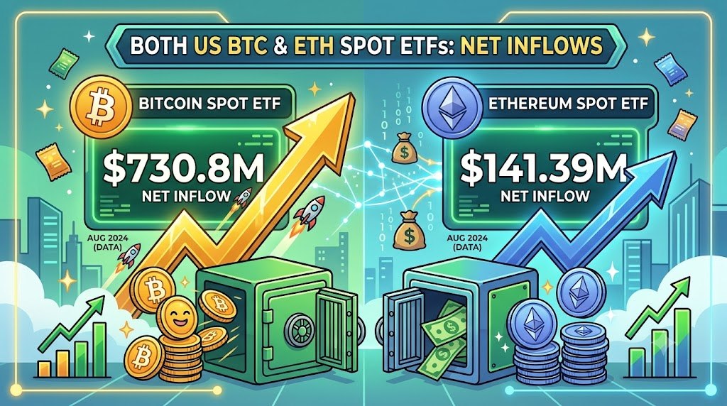 美國比特幣與以太幣現貨 ETF 同步錄得淨流入，BTC 流入 7.31 億美元